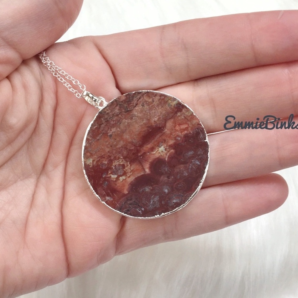 New 925 Sterling Silver Red Mexican Happy Lace Agate Slice Pendant Necklace - Picture 4 of 14